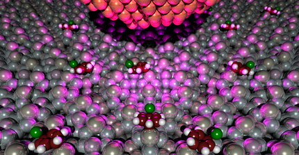 Artistic illustration of the STM manipulation of Chlorobenzene on a Si(11)-7x7 surface. Image: T. Klamroth