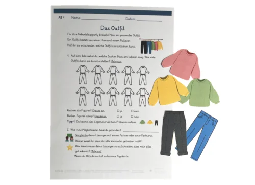 Das Foto zeigt das erste Arbeitsblatt der Lernumgebung „Geburtstagsparty“, auf dem es um die Zusammenstellung eines Outfits geht. Rechts daneben ist das dazugehörige Legematerial – ein roter, gelber und grüner Pullover sowie eine schwarze und eine blaue Hose – abgebildet.