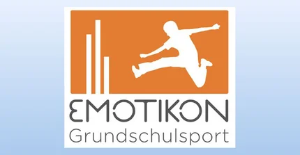 Text: EMOTIKON Grundschulsport. Bild: Silhouette eines springenden Kindes in weiß auf orangenem Grund, daneben angedeutetes Säulendiagramm