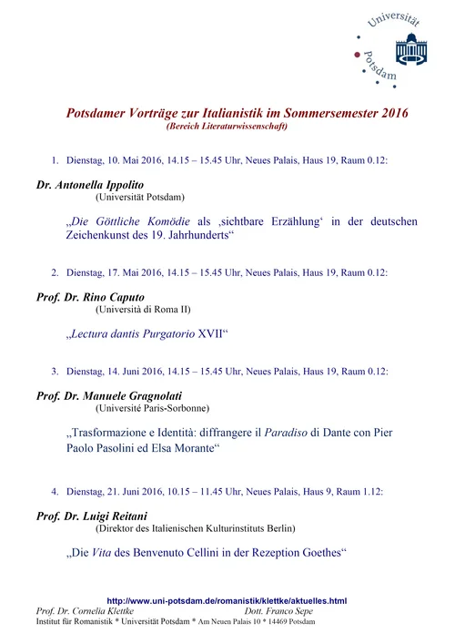 Potsdamer Vorträge zur Italianistik im Sommersemester 2016