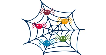 Spinnennetz mit bunten Spinnen.