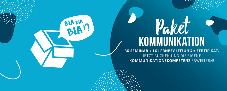 weißes Paket mit der Sprechblase "Bla bla bla" daneben Schriftzug Paket: Kommunikation