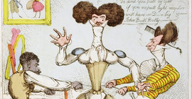 Zeitgenössische Karikatur eines „Dandy“, unbekannter Künstler. („Laceing a Dandy“, veröffentlicht von Thomas Tegg, 1819. Foto: Wikimedia.