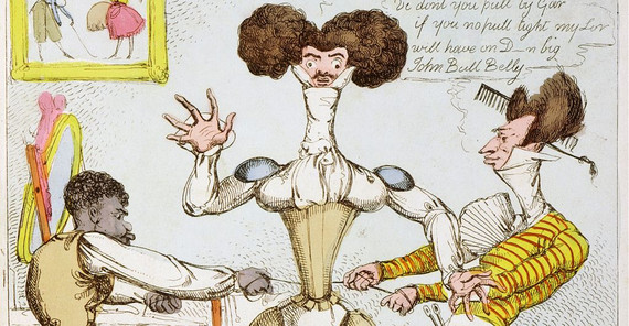 Zeitgenössische Karikatur eines „Dandy“, unbekannter Künstler. („Laceing a Dandy“, veröffentlicht von Thomas Tegg, 1819. Foto: Wikimedia.