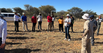 Menschen stehen auf einer Rasenfläche in Namibia, eine von ihnen erzählt