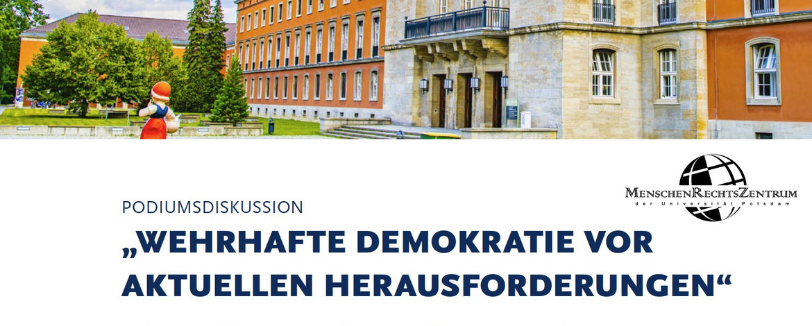 Das Bild stellt das Haus 1 auf dem Campus Griebnitzsee dar und weist auf die Podiumsdiskussion zum Thema "Wehrhafte Demokratie vor aktuellen Herausforderungen" am 17.4.2024 von 18 bis 20 Uhr im Haus 6, Hörsaal H01 hin. - 