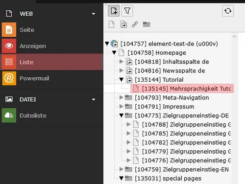 Modul Liste und zu übersetzende Seite auswählen