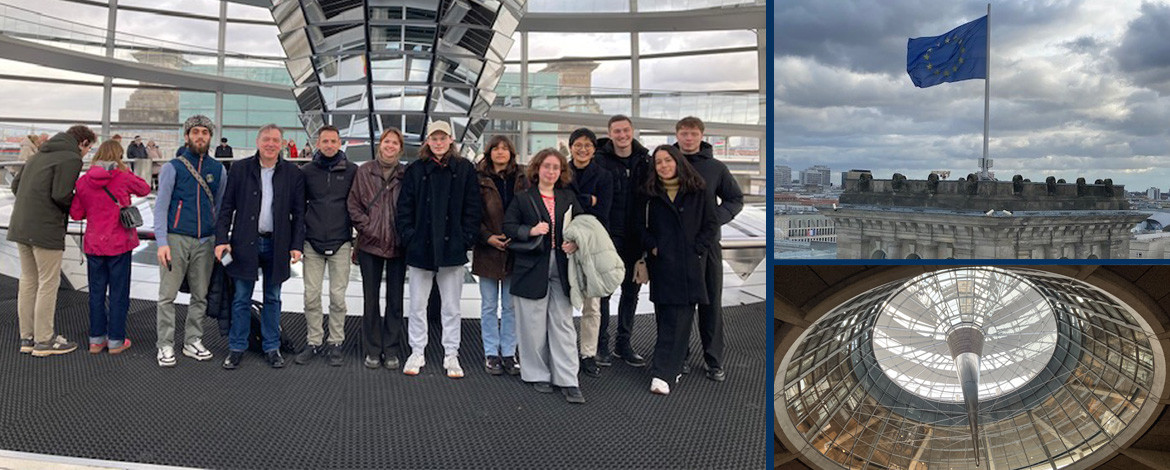 Collage aus Gruppenfoto, Reichstag und Kuppel - zum Bericht