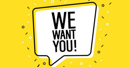 Gelber Hintergrund und ein weißes gezeichnetes Megaphon, welches die Sprechblase bildet mit dem Text: We want you!