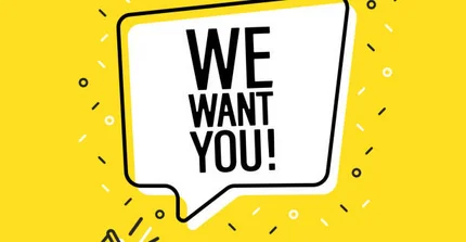 Gelber Hintergrund und ein weißes gezeichnetes Megaphon, welches die Sprechblase bildet mit dem Text: We want you!