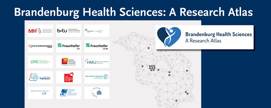 Grafik von der Startseite der Homepage vom Brandenburg Health Sciences; linke Seite: Logos der Hochschulen, die inhaltlich am Atlas mitwirken; rechts: Karte von Brandenburg mit Markierung der links aufgeführten Einrichtungen