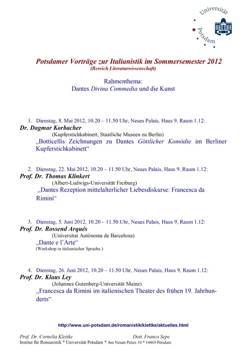 Potsdamer Vorträge zur Italianistik im Sommersemester 2012