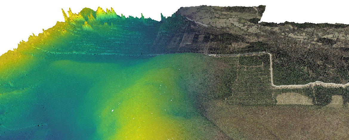 3D perspective view derived from airborne lidar point clouds for the Valgeraba peat area in Estonia. The coloring indicates elevation (left side) and true surface colors from airphotos (right side). The elevation has been 50x vertically exaggerated to show the peat morphology and shape. - 
