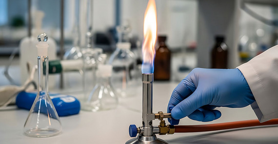 Bild in einem Labor: Bunsenbrenner wird von Hand gezündet.