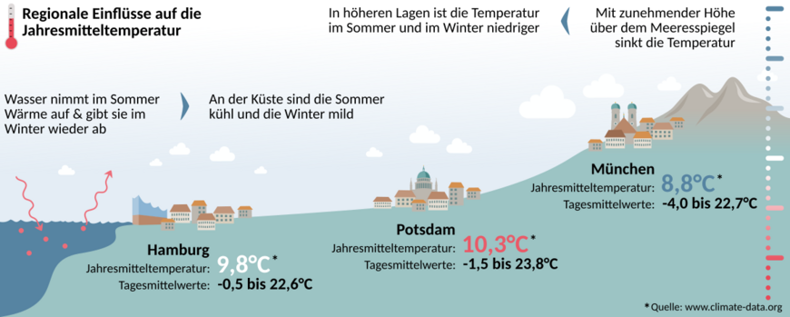 Infografik: Potsdam hat aufgrund der Lage im Tiefland eine höhere Jahresmitteltemperatur als München, und durch den größeren Abstand von der Küste einen stärkeren Unterschied zwischen Temperaturen im Sommer und im Winter als Hamburg | Grafik: Lisa Angermann