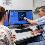 This image shows a scientist and a doctoral students speaking in front of a monitor.