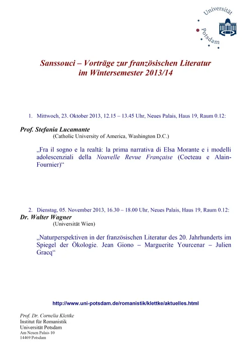 Sanssouci – Vorträge zur französischen Literatur im Wintersemester 2013/14