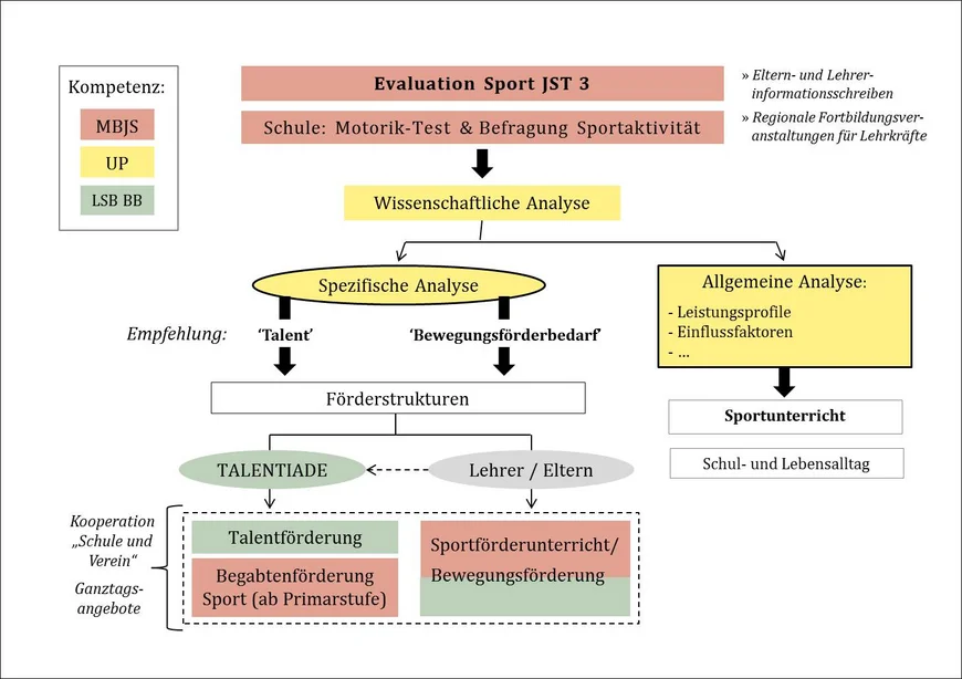 Fig. 1: Illustration of of the annual project processes and competency areas of the project partners. MBJS = Ministry of Education, Youth, and Sports of the State of Brandenburg; UP = University of Potsdam, Chair of Training and Exercise Science; LSB BB = Landessportbund Brandenburg; JST = Grade level.