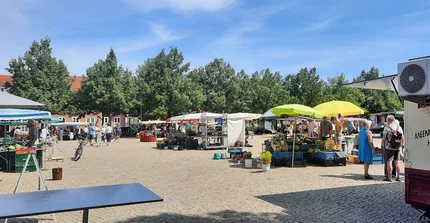 Ein Blick auf den Wochenmarkt am Bassinplatz Potsdam auf dem einige Verkaufsstände und Menschen zu sehen sind.