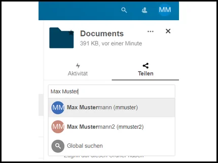 Auswahl Adressaten bei der Teilen-Option in Box.UP