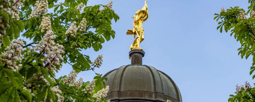 Dome of the historic southern commune with a figure on the dome, chestnut trees in bloom at the lower edge