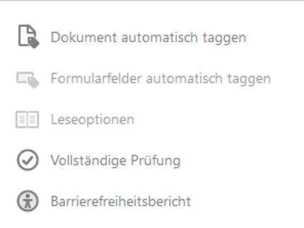 Screenshot Adobe Pro Werkzeuge Barrierefreiheit