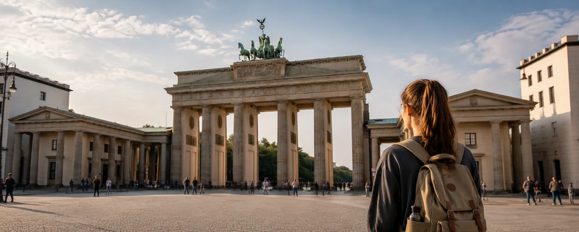 Studentin schaut auf das Brandenburger Tor - 