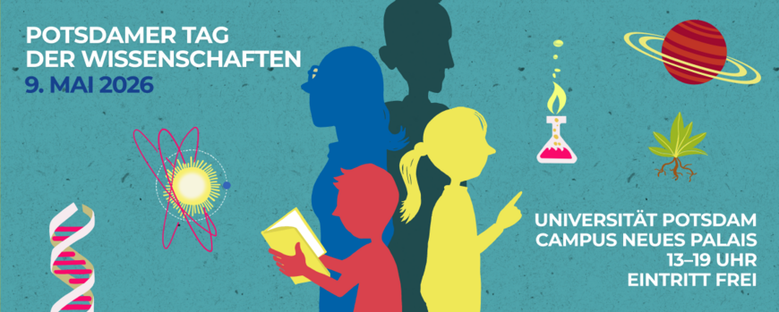 Türkiser Hintergrund mit bunten Wissenschaftsgrafiken, in der Mitte die grafische Darstellung von 2 Erwachsenen und 2 Kindern