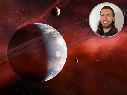 Bildcollage: Ein Planetensystem. Oben rechts das Portrait einer/eines Referent*in der Kinderuni.