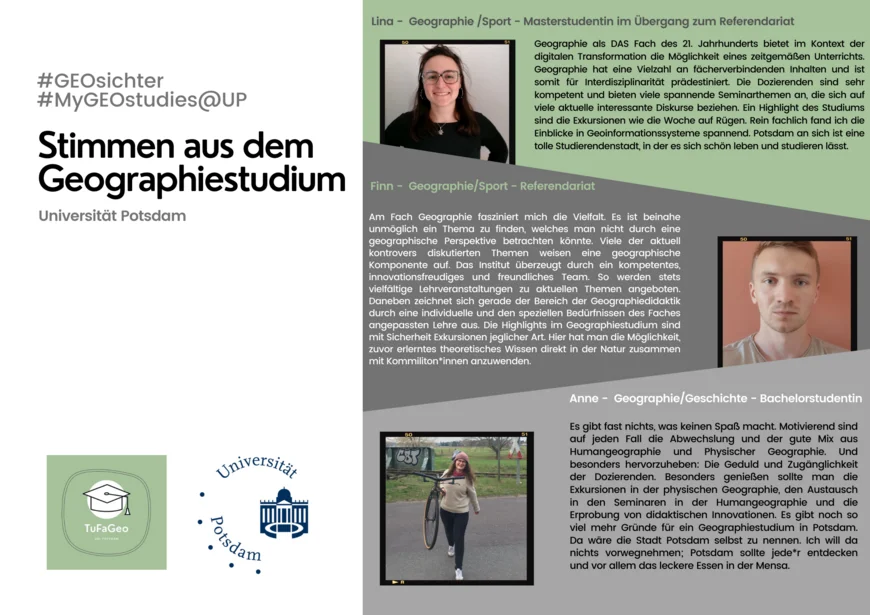 Poster "GEOsichter" mit kurzen Zitaten von Studierenden zum Geographiestudium an der Universität Potsdam