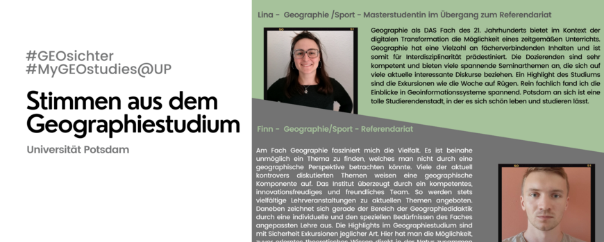 Poster "GEOsichter" mit kurzen Zitaten von Studierenden zum Geographiestudium an der Universität Potsdam