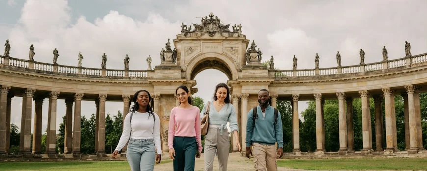 Studierende an den Kollonaden am Neuen Palais