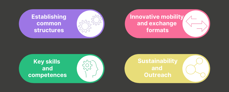 Targets of the alliance Targets of the alliance: 1. Establishment of structural foundations, 2. Innovative mobility and exchange scenarios , 3. Key skills and competencies, 4. Sustainability and outreach