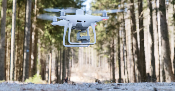Drohne fliegt knapp über dem Waldboden. Das Foto ist von Jonas Zeidler.