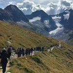 Menschen wandern einen Pfad entlang, im Hintergrund hohe Berge