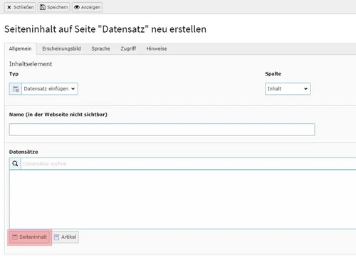 Seiteninhalt für den Datensatz auswählen