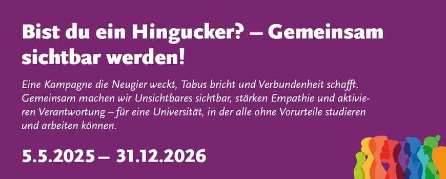 Anwerbung der Kampagne "Bist du ein Hingucker?- gemeinsam sichtbar werden. Bordeauxfarbener Hintergrund mit Kampagnenname und Datumsangabe: 05.05.2025-31.12.2026