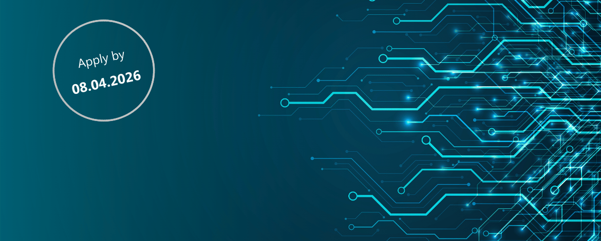 Teaser image for the AI for Academia program. The image is petrol-colored and on the right-hand side there are hints of circuit board network structures. On the left is a bubble with the application deadline of April 8, 2026. - AI for Academia