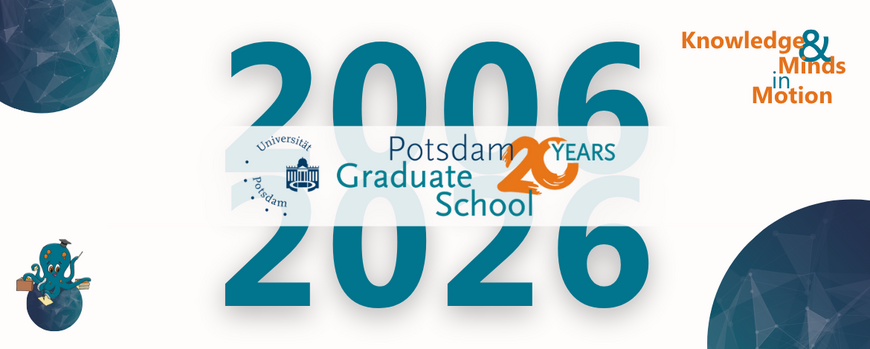 Jahreszahlen 2006 und 2026 werden von einem 20 Jahre PoGS-Logo getrennt. Unten links befindet sich eine Bubble mit einem Oktopus drauf und oben rechts der Spruch Knowledge & Minds in Motion.