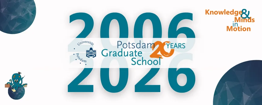 Jahreszahlen 2006 und 2026 werden von einem 20 Jahre PoGS-Logo getrennt. Unten links befindet sich eine Bubble mit einem Oktopus drauf und oben rechts der Spruch Knowledge & Minds in Motion.