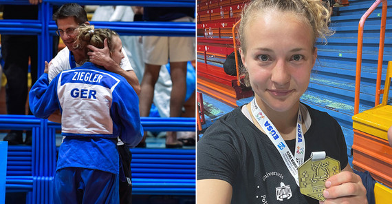 Jana Ziegler im Wettkampf und mit ihrer Goldmedaille.