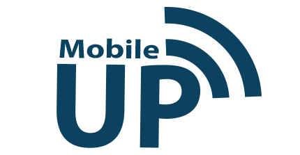 Logo Mobile.UP - Schriftzug Mobile UP mit Funkwellen über dem P