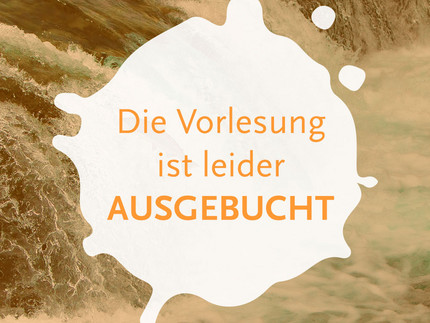 Auf dem Bild steht der Hinweis "Die Vorlesung ist leider ausgebucht". Im Hintergrund: Lachs springt im Wasserfall