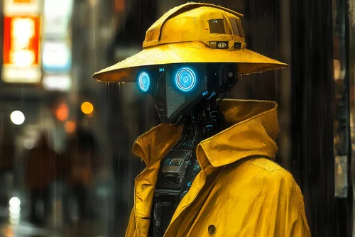 Roboter mit gelebn Regenmantel