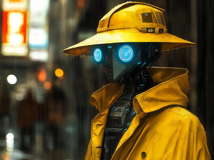 Roboter mit gelebn Regenmantel