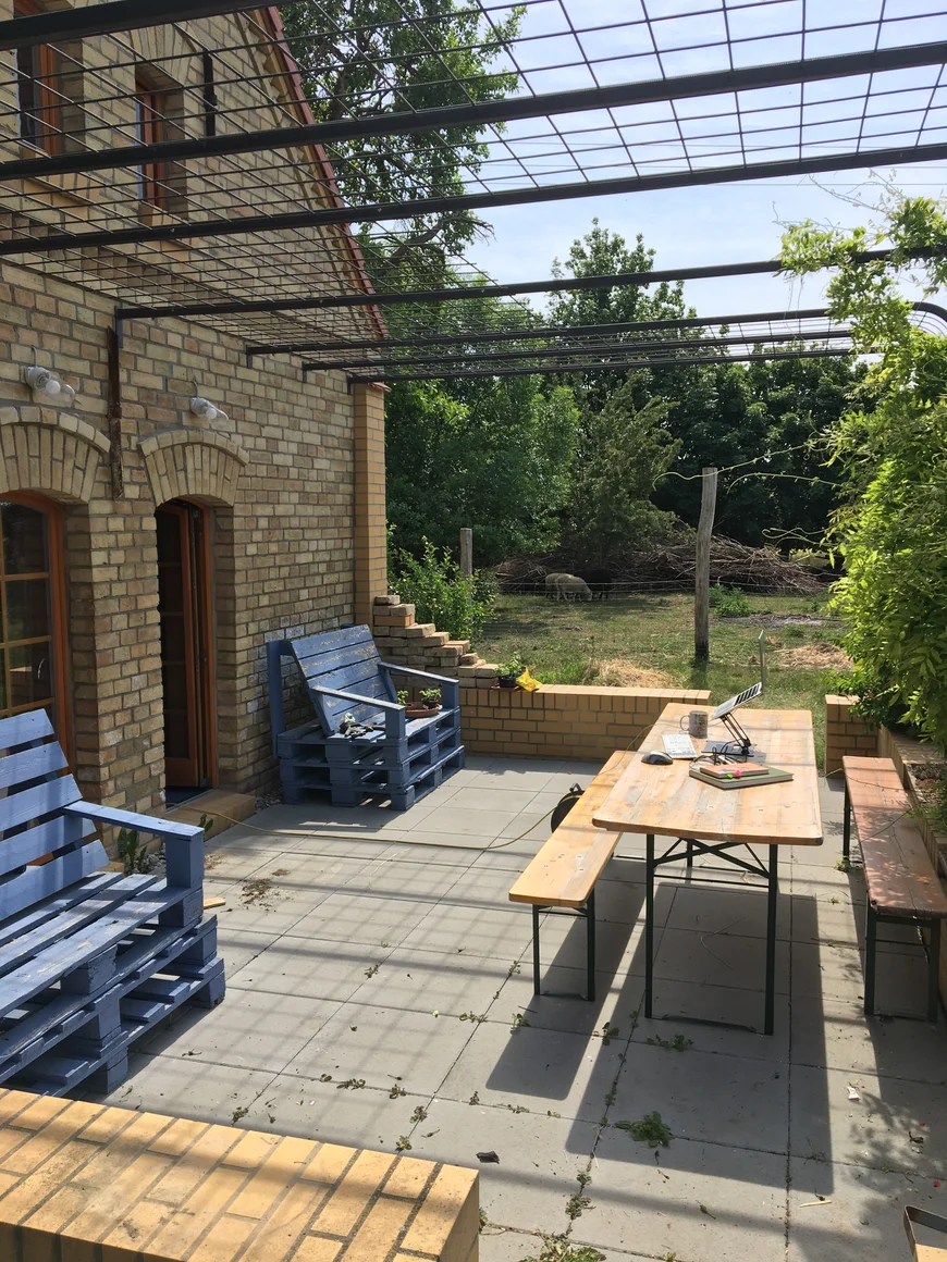Terasse mit Tisch und Laptop neben Schafen