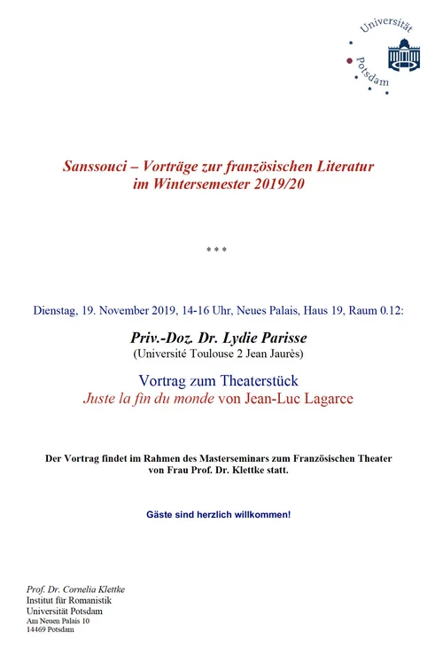 Vortrag von Mme Lydie Parisse am 19.11.2019 in der Universität Potsdam zum Theaterstück "Juste la fin du monde" von Jean-Luc Lagarce