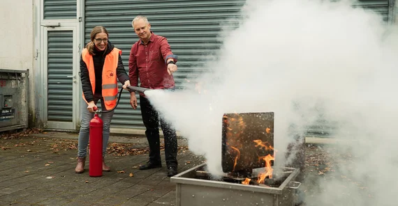 Ulf Lepszy is supervising a fire drill during which a lot of smoke and fire-suppression gases are produced.
