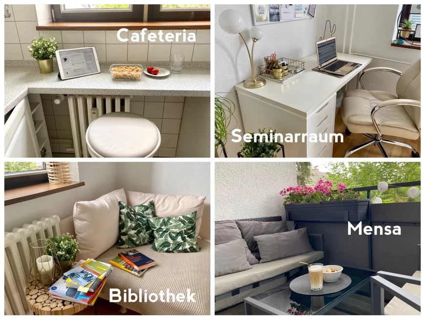 Wohnung mit verschiedenen Räumen die als Ersatz für Uniräume dienen