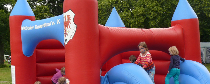 Mehrere Kinder spielen auf einer großen Hüpfburg.